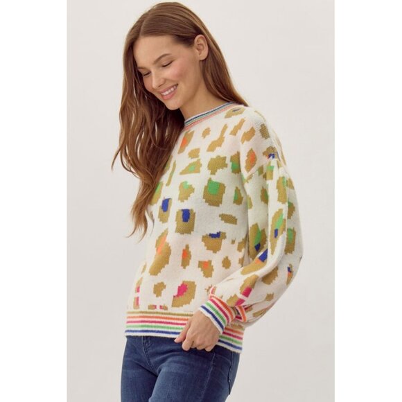 JODIFL Ballon Sleeve Drop Shoulder Leopard Print On The Prowl Sweater in Ivory - Picture 2 of 15